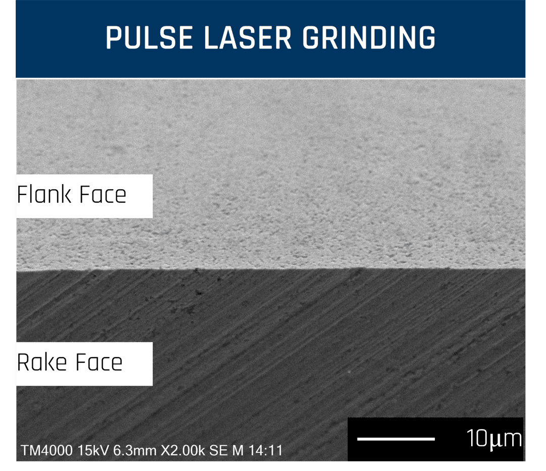 PLG(パルスレーザー研磨)で仕上げた刃先の電子顕微鏡(SEM)画像。逃げ面・すくい面が平滑に仕上がる